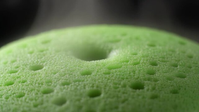 Close-up macro shot of a vibrant green sponge-like surface with a textured, porous structure and small indentations, creating an abstract and intriguing visual background or design element.