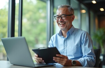 Fototapeta premium Mature Asian man with glasses laughs while holding clipboard at desk with laptop. Smiling businessman works in modern office, looking happy at computer screen. He seems pleased with progress.