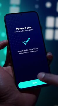 Smartphone screen showing mock banking app with payment confirmation and fingerprint biometric authentication for secure transaction
