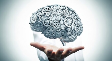 A human hand holding a brain made of mechanical gears against a white background