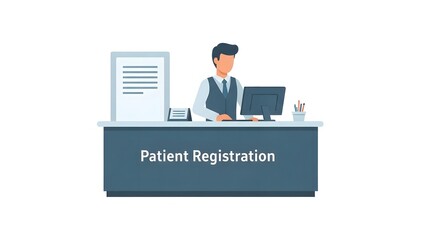 Professional male receptionist managing patient registration at a medical clinic desk, providing administrative support and welcoming services in a modern healthcare setting