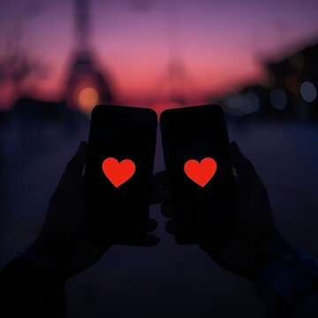 A man and woman holding a red heart shape design in an illustration for a romantic Valentine card symbol of love and romance