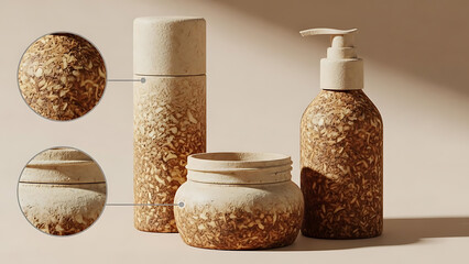 Luxury cosmetic bottles made from organic mycelium material on a neutral background, eco-packaging