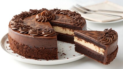 Indulgent chocolate cake featuring multiple rich layers and smooth cream filling, ideal for bakery displays and food advertising.