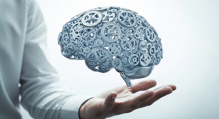 A person holding a mechanical brain in their hand, symbolizing innovation and technology