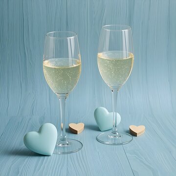 Two elegant crystal glasses of champagne and four glasses of red wine sit on a decorated restaurant table for a wedding anniversary celebration