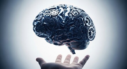 A human hand holding a complex mechanical brain against a white background