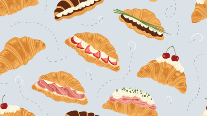 Seamless pattern of delicious assorted croissants with various sweet and savory fillings for bakery branding and menus.