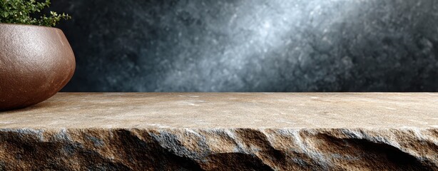 Sustainable natural tone background for sustainable business Stone slab tabletop with rustic rock texture and smoky dark background, empty product display mockup with copy space