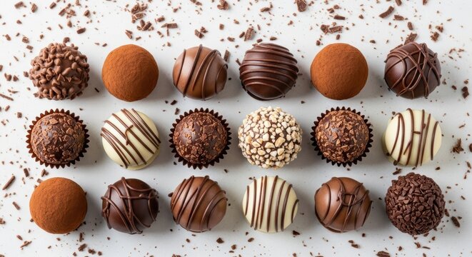 Assortment of gourmet chocolate truffle candy on white
