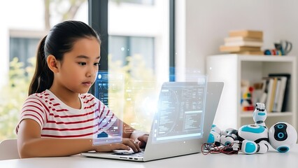 Young girl learning robotics and coding on laptop with hologram