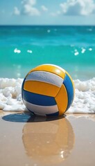 A volleyball floats on the ocean surface, waves gently lapping around it Sunlight glistens on the wet ball, reflecting the vibrant blue of the sea A perfect summer scene , vacation, coastal