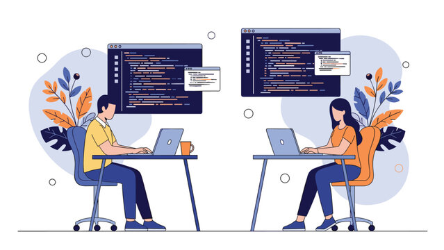 Software developers working on computer coding and programming for web development and technology projects in the office.