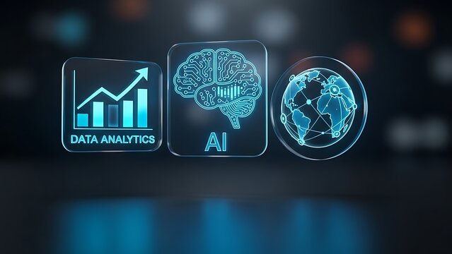 Futuristic icons representing data analytics, artificial intelligence, and global connectivity in a modern digital environment - Powered by Adobe