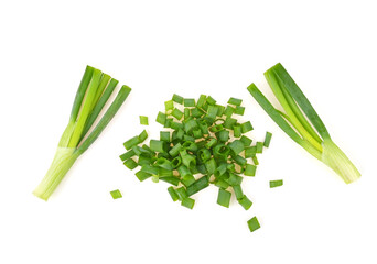 bunch of green onions isolated on white background. top view