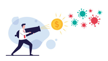 Man firing dollar coin from cannon at viruses representing financial stimulus and economic measures against pandemic crisis.