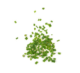 Green spring onions, chopped green onions isolated on white background. top view