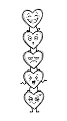 Cute cartoon hearts with different facial expressions stacked vertically on a white background
