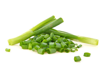 Green spring onions, chopped green onions isolated on white background.