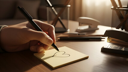 Close-up of hand drawing a heart on sticky note with warm morning sunlight and cozy home background.