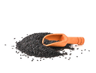 heap fo black sesame a wooden scoop filled with Organic black Sesame seeds (Sesamum indicum) or Til. Isolated on a white background