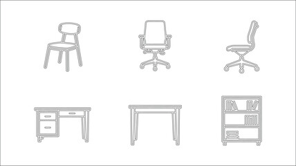 Furniture line icons pack for office interior featuring desk chairs bookshelf and wooden tables in professional minimal outline style for workspace