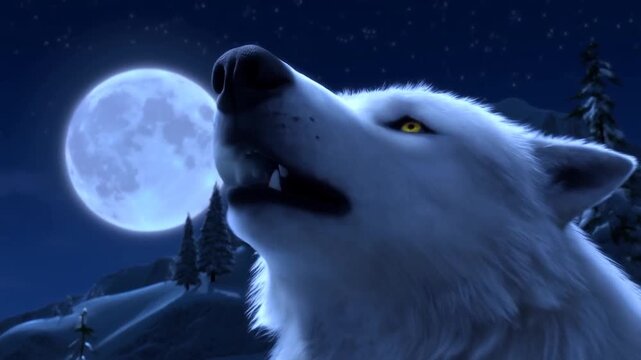 A Majestic White Wolf Howling at a Full Moon Amidst a Winter Landscape of Snowy Mountains and Pine Trees in a Serene Night Setting