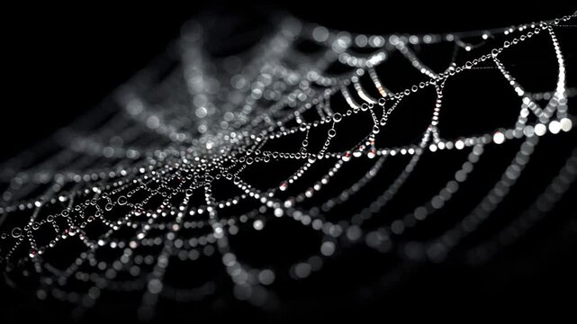 Dewy spider web with water droplets on black background. Nature macro concept.