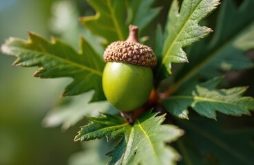 Green acorn rests on prickly leaves of oak bush. Close-up view shows texture detail of plant. Sunny day in Greece shows Mediterranean nature growth.
