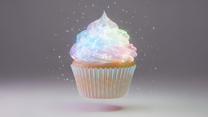 Holographic cupcake a futuristic dessert with iridescent holographic effects and sparkling particles