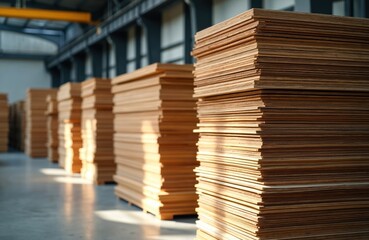 Fototapeta premium Stacks of wood veneer sheets fill an industrial warehouse. Plywood material for furniture manufacturing is stored in a large factory. Building supplies await processing in a workshop.