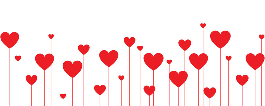 Vibrant red heart flowers on thin stems form a playful horizontal arrangement against pure white background. Minimalist vector art perfect for romantic designs, Valentine's cards, love posters.