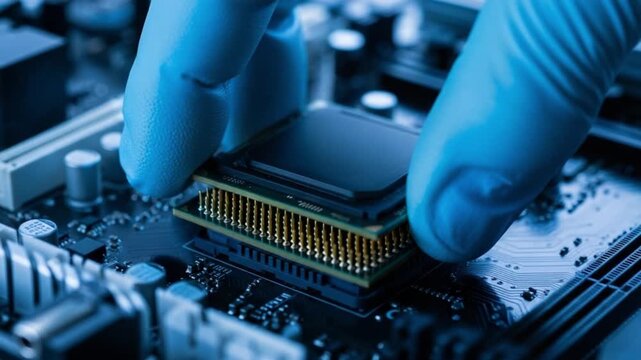 Gloved hands assembling computer hardware components on a circuit board