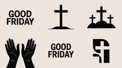 This visual collection displays various Good Friday symbols and text elements on a light neutral background