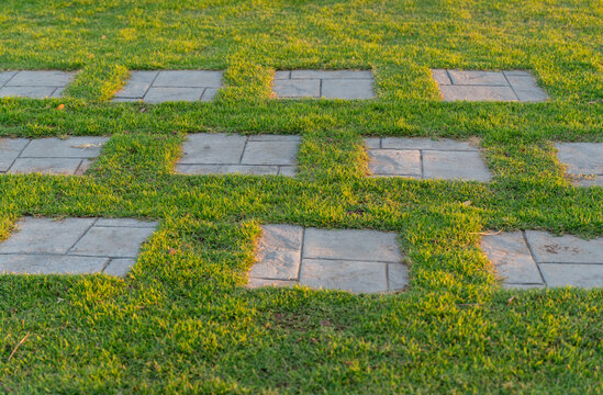 The square stepping stones are arranged in the green grass.