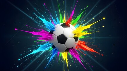 Stylized soccer ball flying with vibrant neon light effects on black.