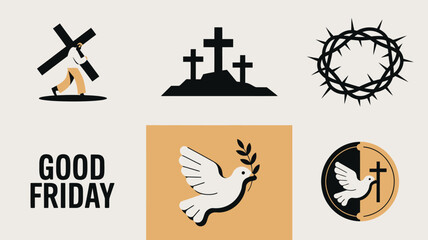 A detailed collection of Christian symbols representing Good Friday including Jesus carrying the cross and a dove