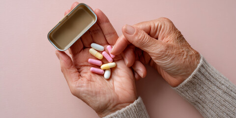 Close-up of elderly hands holding colorful capsules and an open pill container on a soft pink background