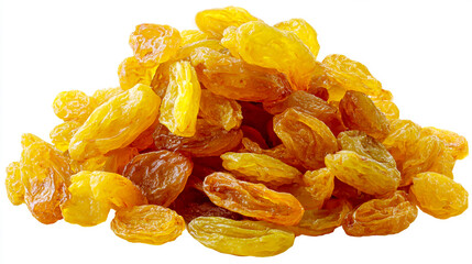 Raisins, dried fruit with a yellow color on a white background