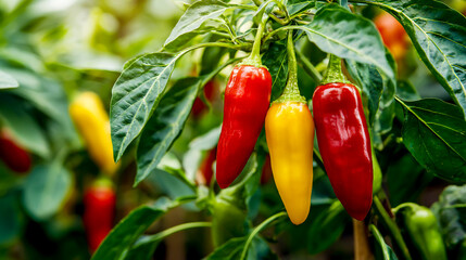 Red and yellow peppers hanging on the tree in the garden