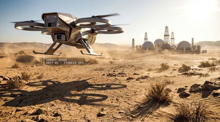 Futuristic exploration drone surveying arid desert oil exploration facility