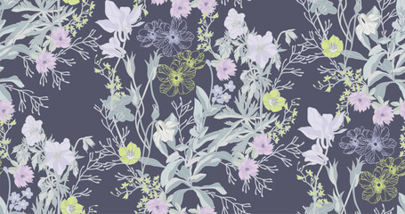 Flowers in shades of white and bright branches, seamless pattern with beautiful flowers on a gray background for wrapping paper, wallpaper print and textile.