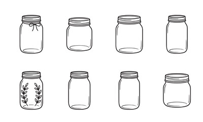 Hand Drawn Mason Jars Vector Set Rustic Line Art Collection for Kitchen, Craft and Packaging Design