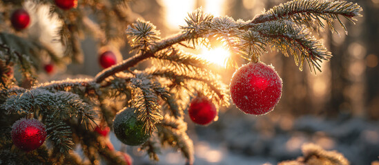 Red and green baubles on frosty tree branches at sunrise