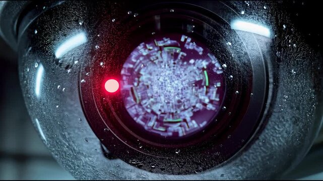 A security camera on the dirty ceiling of a car zooms in, revealing a complex glowing digital circuit inside its lens