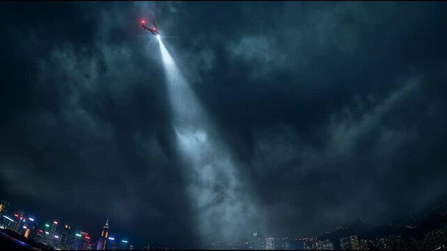 A helicopter hovers in the dark night sky, illuminating thick clouds and falling raindrops with a powerful spotlight beam over a glowing city