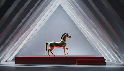 Gold Horse Sculpture, elegant metallic finish on a red dramatic geometric podium, perfect for luxury branding, financial success, business presentations, and awards concepts