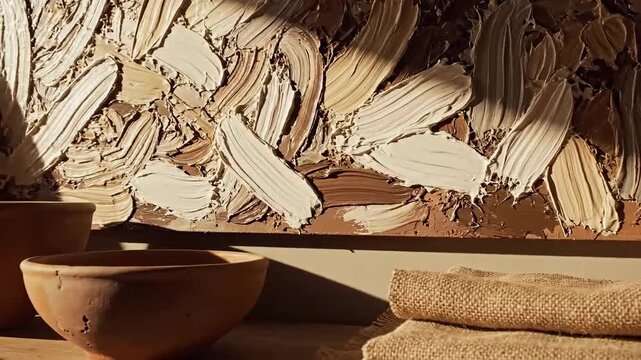Rustic Arrangement Of Pottery With Burlap And Abstract Painting In Soft Natural Light