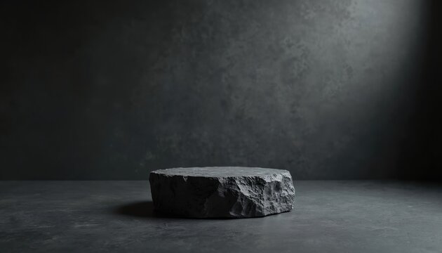 Rough textured dark stone podium for product display against grunge backdrop. Minimalist stage for presentation on concrete floor. Studio shot with dramatic lighting.