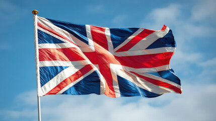 Majestic British Flag Waving Against a Clear Blue Sky, Perfect for Travel Brochures and Celebratory Themes
